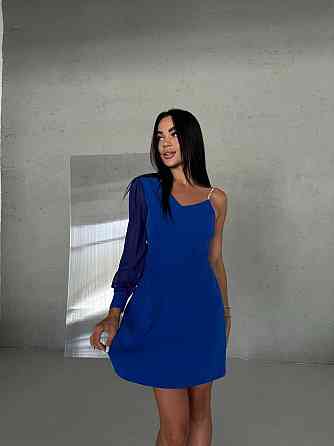 Жіноча святкова міні сукня на одне плече костюмка із шифоновим рукавом Електрик, 42 Одеса