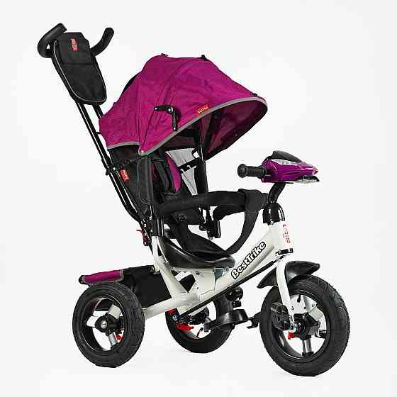 Велосипед триколісний Best Trike з батьківською ручкою надувні колеса фара З USB Фіолетовий (37-633) Чернігів