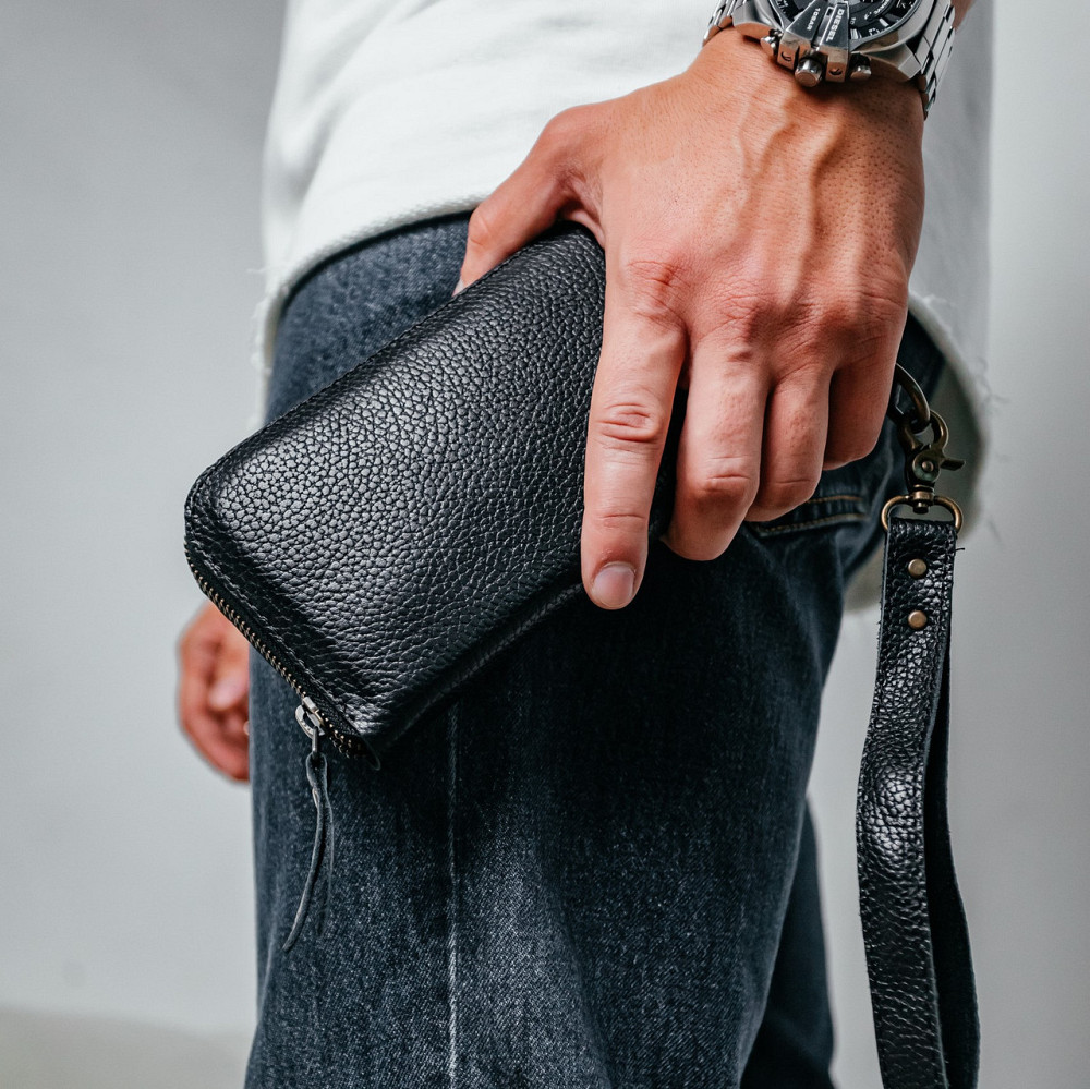 Чоловічий гаманець шкіряний, місткий гаманець із відділеннями на блискавці, Crazy Horse, чорнийMasterSem Київ - фото 8