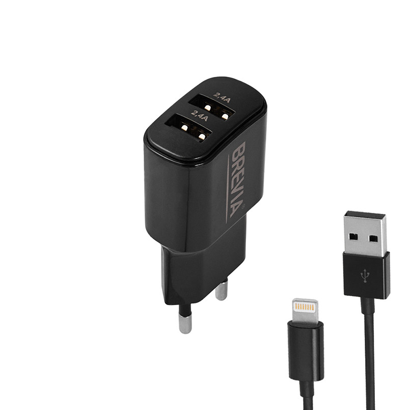 Сетевое зарядное устройство Brevia ePower 12W 2xUSB-A + кабель USB-A to Lightning 1м черный Львов - изображение 3