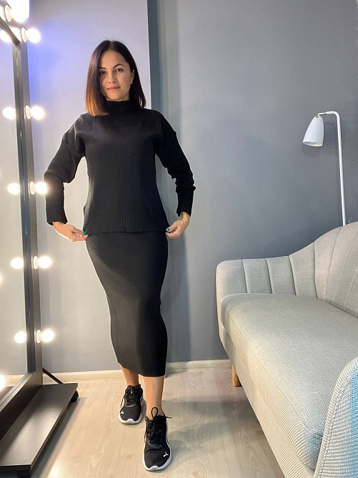 Костюм женский ENJOY 82345 свитер с длинной юбкой рубчик вязка one size черный, черный, one size Киев - изображение 13