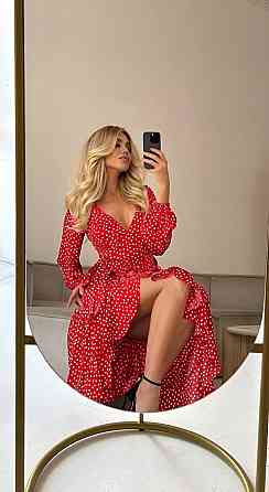 Женское романтическое летнее платье в горошек софт Красный Одесса