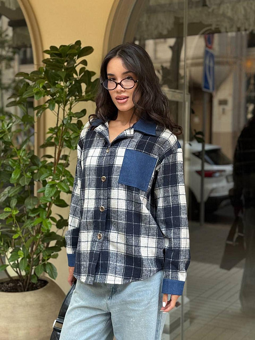 Жіноча стильна картата сорочка з джинсовими вставками турецька байка Сірий, 42/44 Одеса - фото 1