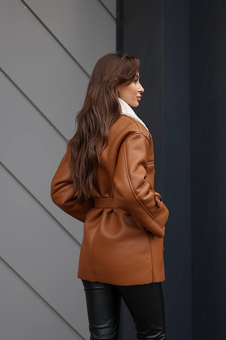 Женская стильная двубортная дубленка под пояс Кемел, 44/46 Одесса - изображение 3