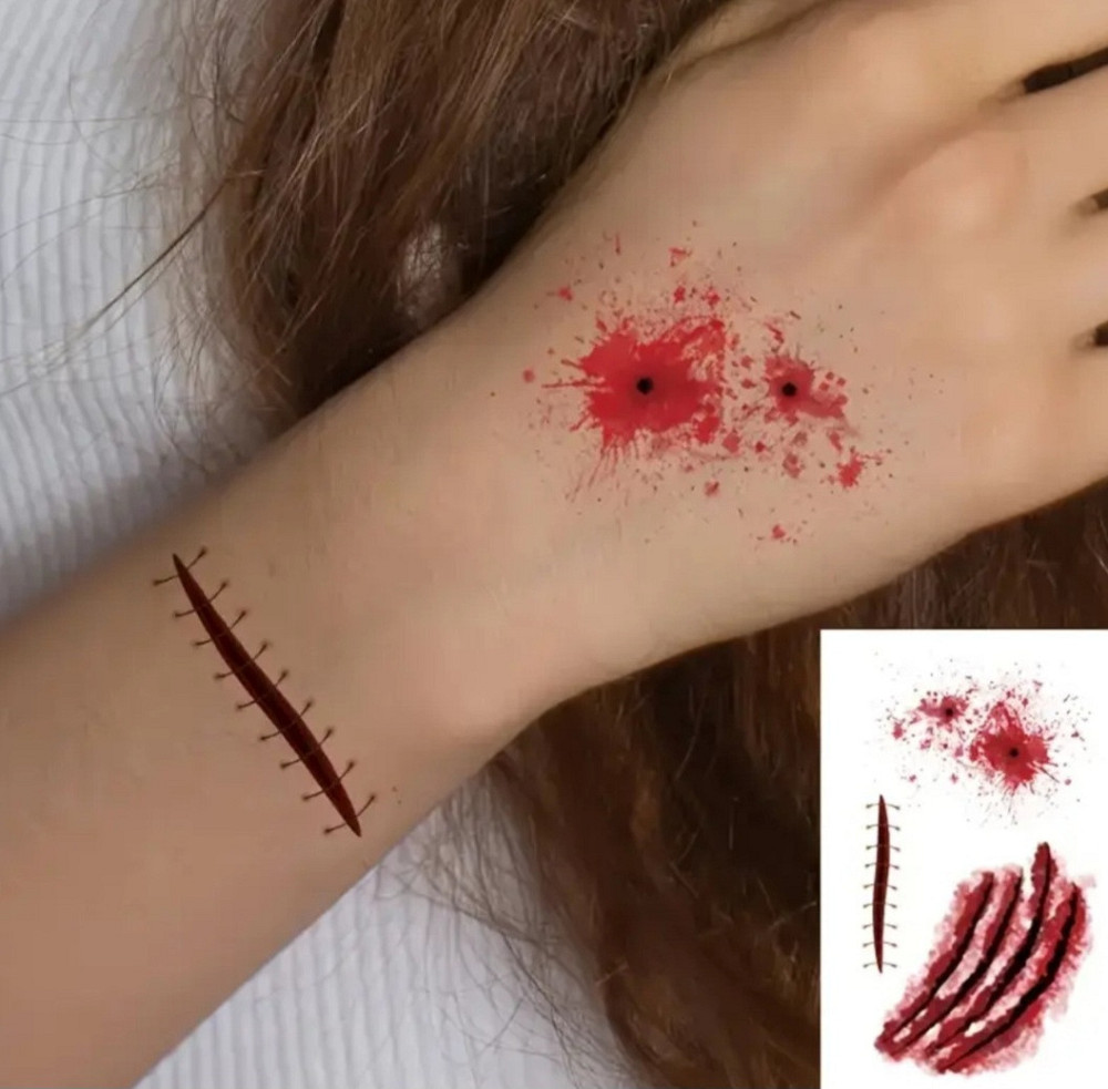 Наклейки тату Хелловін на тіло рани 10 на 6 см червоний Київ - фото 2