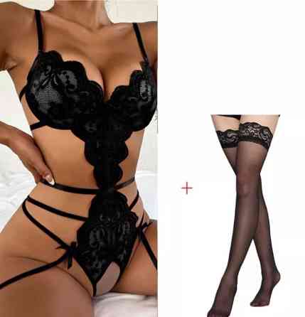 Комплект нижнего белья эротический с чулками S черный Киев
