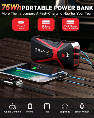 Уцінка Пусковий пристрій NHOVIN 4000A 4-в-1, 12 В, 20000 мАг, бустер для авто, Power Bank, LED, бензин 7,5 л, дизель 5 л Київ