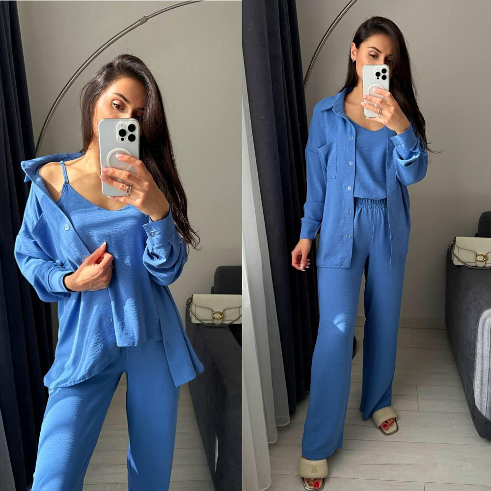 Женский базовый костюм тройка: рубашка майка и штаны креп жатка Светлый джинс, 42/44 Одесса - изображение 1