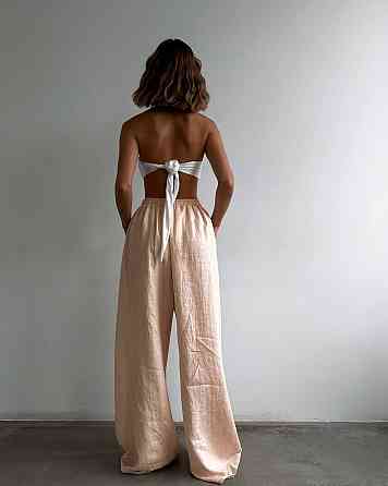 Женский летний оверсайз костюм двойка: рубашка и брюки из смягченного льна креш Пудра, 48/50 Одесса