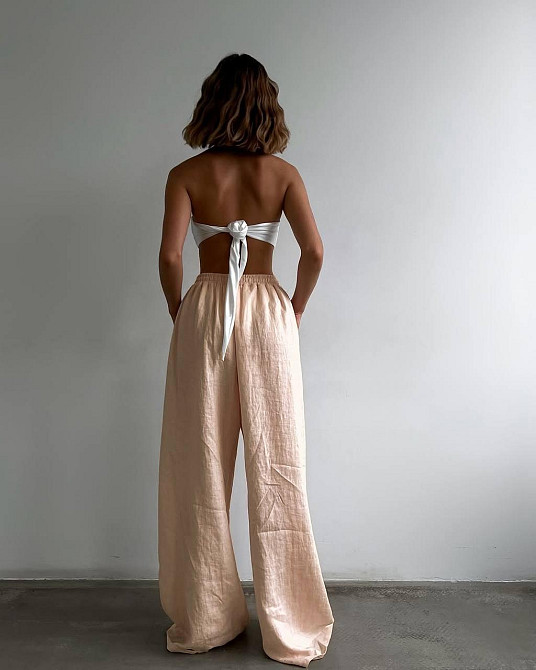 Женский летний оверсайз костюм двойка: рубашка и брюки из смягченного льна креш Пудра, 48/50 Одесса - изображение 2