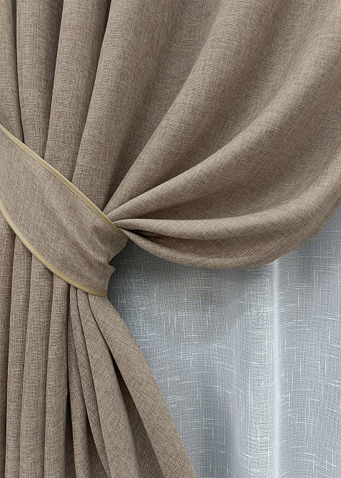 Комплект штор VR-Textil Лен Мешковина 150х270 2шт и Тюль 600х270 113ш-115т Светло-кофейный с белым 71-053/5 Киев - изображение 4