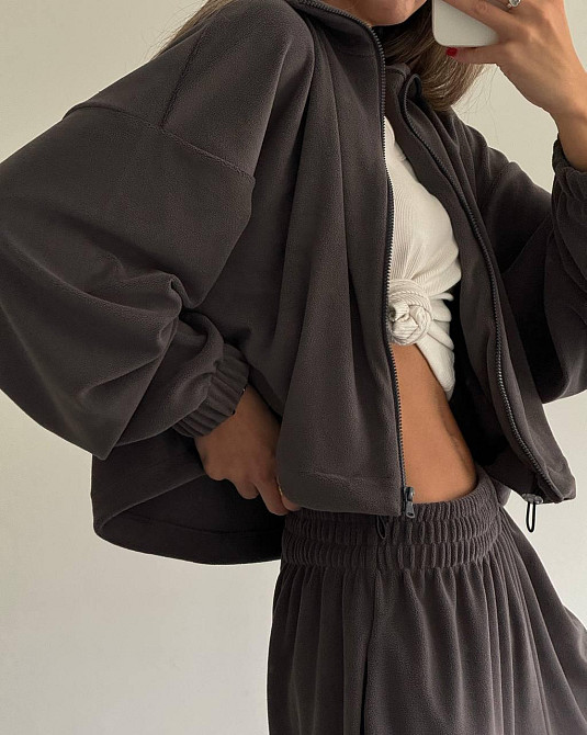 Жіночий теплий оверсайз костюм-двійка: кофта та штани турецький поліс фліс Графіт Одеса - фото 2