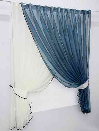 Кухонные шторки VR-Textil № 101к с подвязками молочный с синим 330х170 см (52-0309) Киев
