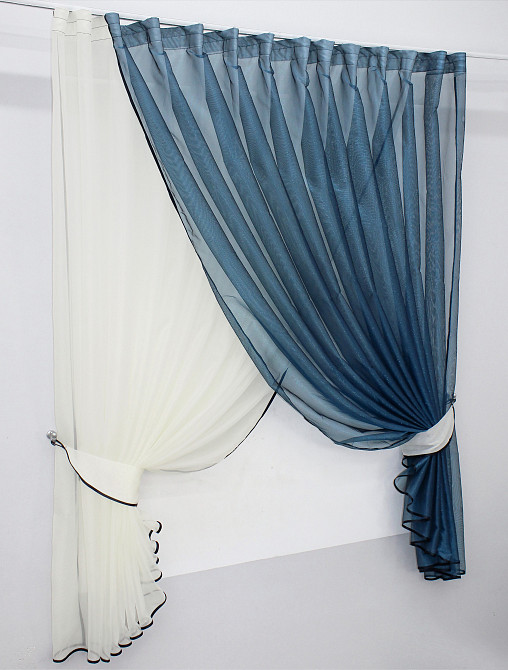 Кухонные шторки VR-Textil № 101к с подвязками молочный с синим 330х170 см (52-0309) Киев - изображение 2