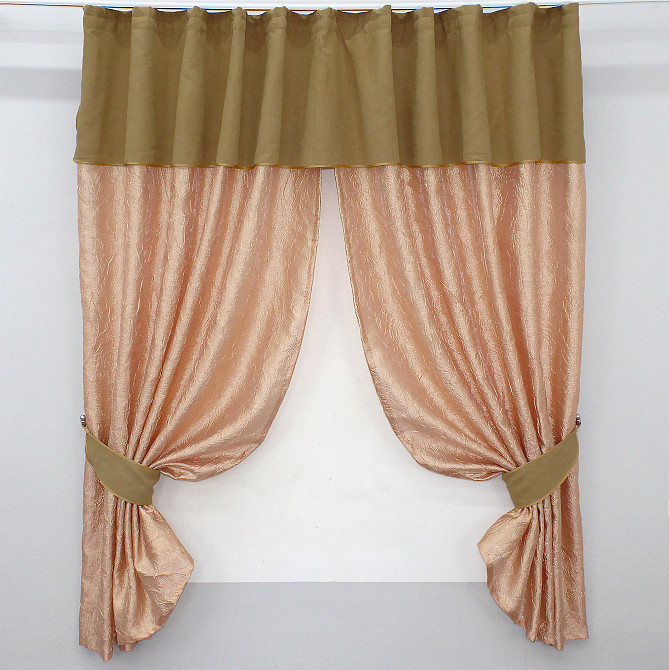 Кухонные шторы VR-Textil № 073к с ламбрекеном и подхватами персиковый с горчичным 270х170 см (52-0172) Киев - изображение 1