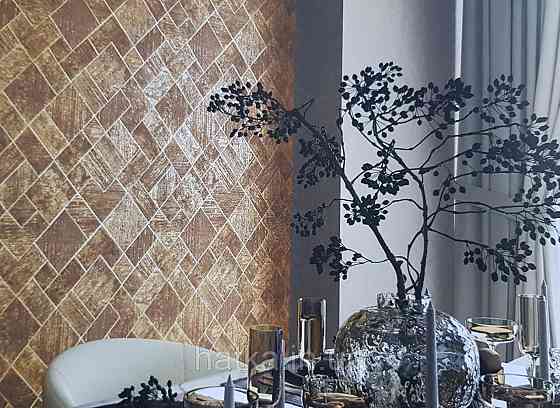 Шпалери вінілові на флізеліні Ritus Marburg метрові під штукатурку смужка сіточкою бірюзові із золотистим Київ