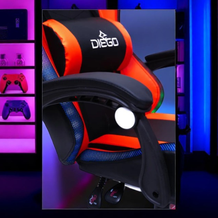 Геймерське крісло DIEGO з підставкою для ніг, масажем та LED-підсвіткою – Чорно-червоне, витримує до 150 кг Львів - фото 7