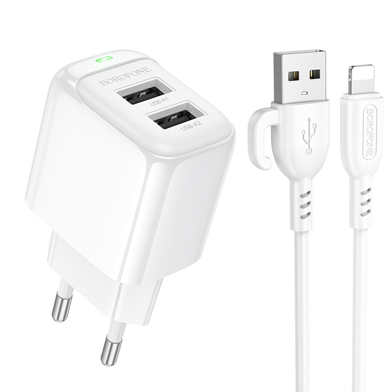 Сетевое зарядное устройство с кабелем BOROFONE BAS41A Potential dual-port charger set (iP) White Киев - изображение 1