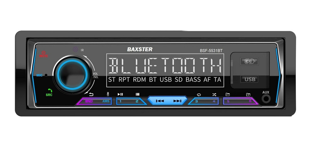 Автомагнітола 1DIN BAXSTER BSF-5531BT (Bluetooth/2USB/MicroSD/AUX/FM/SWI) RGB/знімна панель + пульт Харків - фото 1