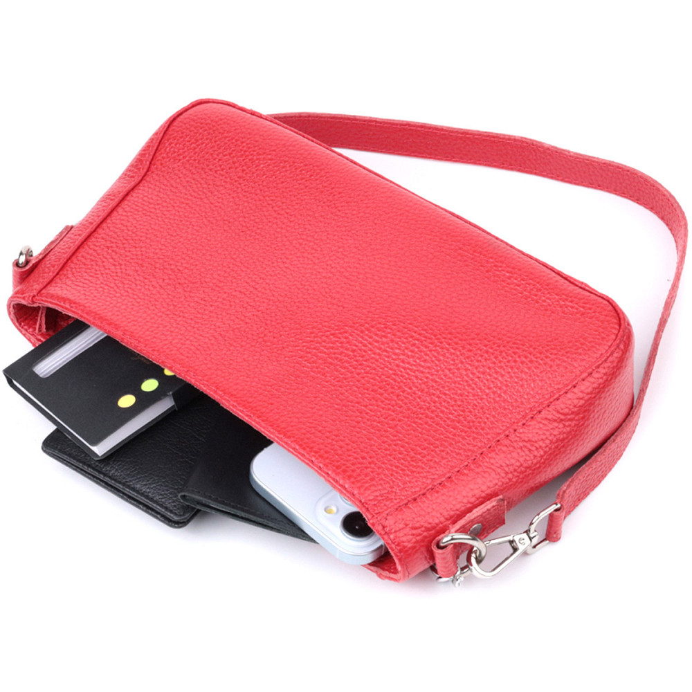 Яскрава сумка багет з ланцюжком і знімним ремінцем з натуральної шкіри Shvigel 22836 Червона Київ - фото 4