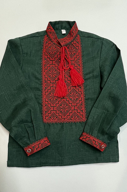 Вышиванка для мальчика Зеленый лен с красным орнаментом Сумы - изображение 1