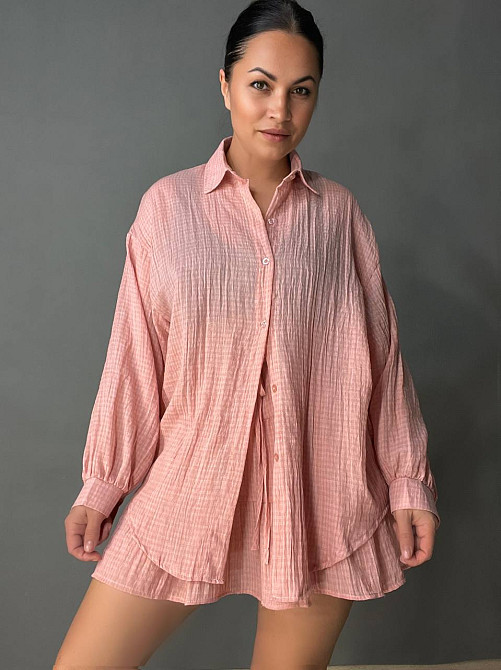 Костюм жіночий Xingyue 318-3 мусліновий у клітинку сорочка оверсайз і спідниця-шорти, рожевий, one size Київ - фото 7