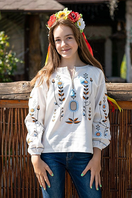 Вышиванка для девочек-подростков льняная с длинным рукавом, молочная топ 140, Молочный Киев - изображение 1
