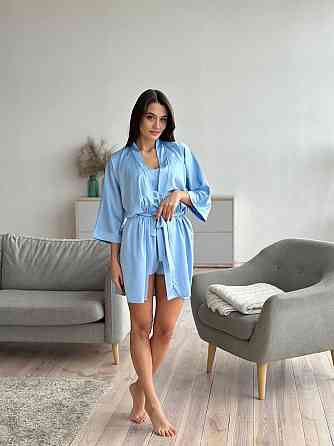 Халат жіночий шовковий під пояс довжина 90см Блакитний M/L Харків