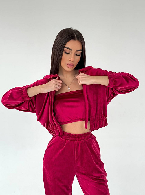 Жіночий плюшевий прогулянковий костюм-трійка: кофта топ і штани велюр плюш Бордо, 44/46 Одеса - фото 1