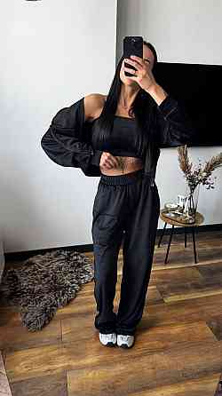 Женский плюшевый прогулочный костюм тройка: кофта топ и штаны велюр Черный, 42/44 Одесса