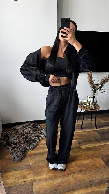 Женский плюшевый прогулочный костюм тройка: кофта топ и штаны велюр Черный, 42/44 Одесса - изображение 6