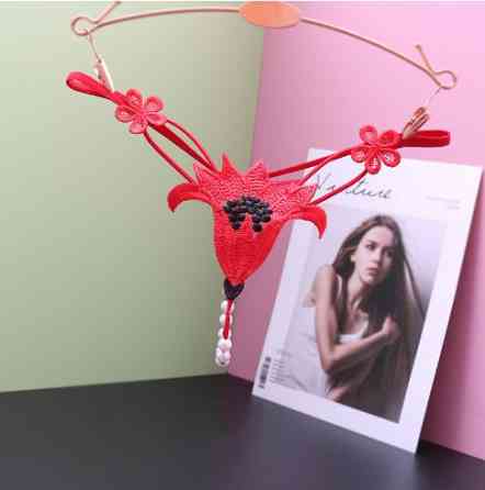 Еротичні труси з перлами червоні "Квітка" - розмір універсальний, (на резинці) Київ