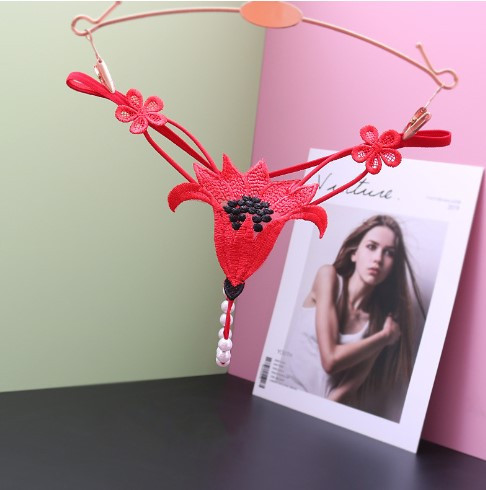 Еротичні труси з перлами червоні "Квітка" - розмір універсальний, (на резинці) Київ - фото 1