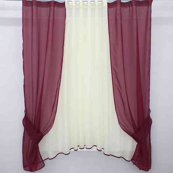 Кухонний комплект VR-Textil № 051к тюль і шторки з підв'язками бордовий з молочним 280х170 см (50-400) Київ