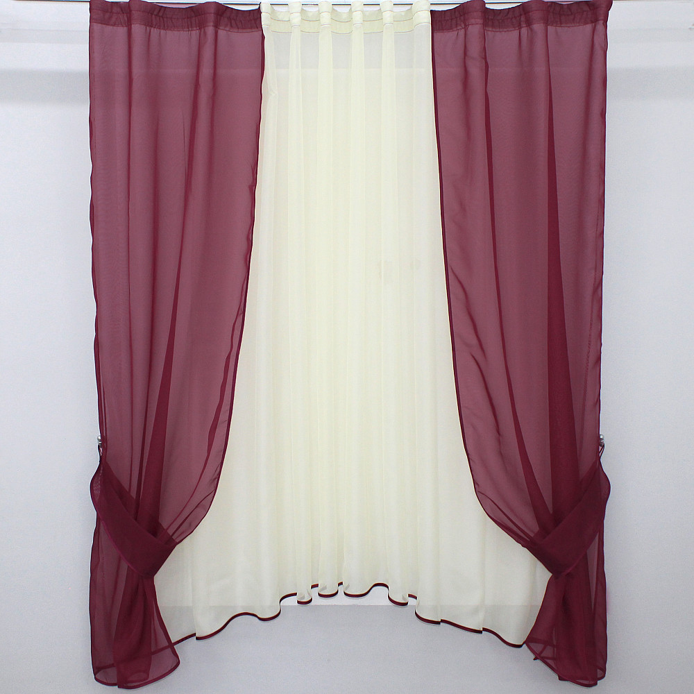 Кухонний комплект VR-Textil № 051к тюль і шторки з підв'язками бордовий з молочним 280х170 см (50-400) Київ - фото 1
