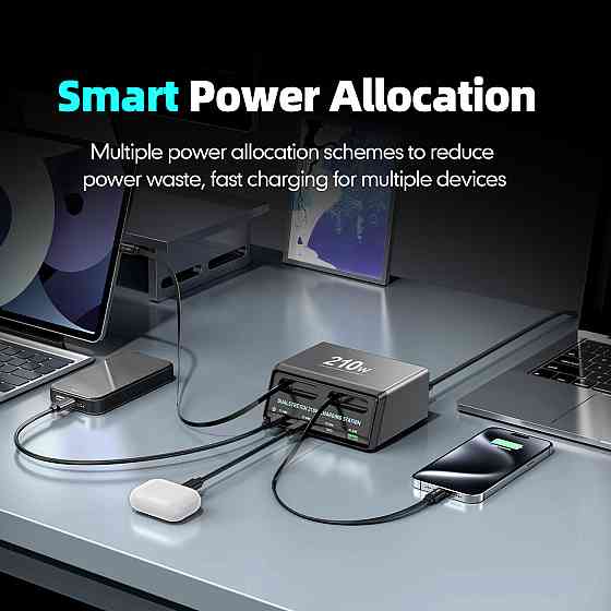 Сетевая зарядная станция WLX-60E 210W с кабелями (2Type-C48W+3Type-C33W+USB30W) Черный Винница