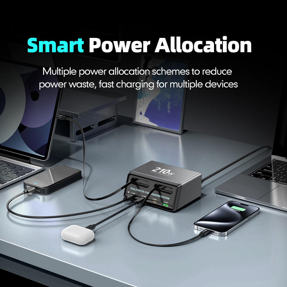 Сетевая зарядная станция WLX-60E 210W с кабелями (2Type-C48W+3Type-C33W+USB30W) Черный Винница - изображение 3