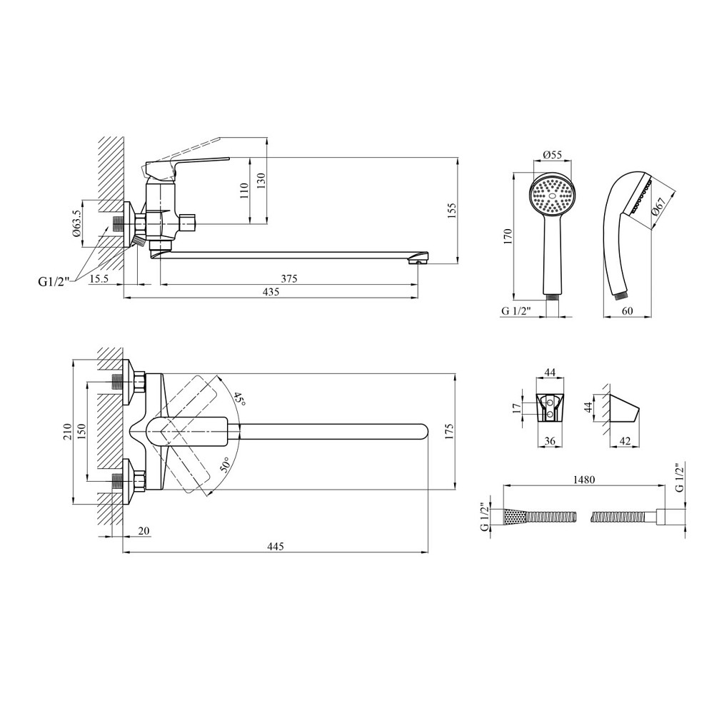 Смеситель для ванны Agua Merida - C071 з душевым гарнитуром Киев - изображение 8