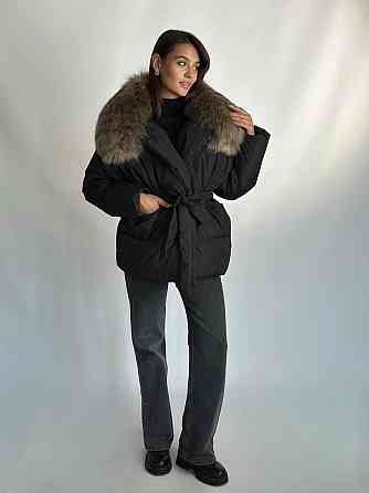 Жіночий зимовий чорний пуховик Aria Raccoon з натуральним хутром єнота 54 Харків