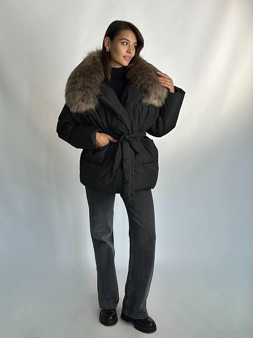Женский зимний черный пуховик Aria Raccoon с натуральным мехом енота 54 Харьков - изображение 4