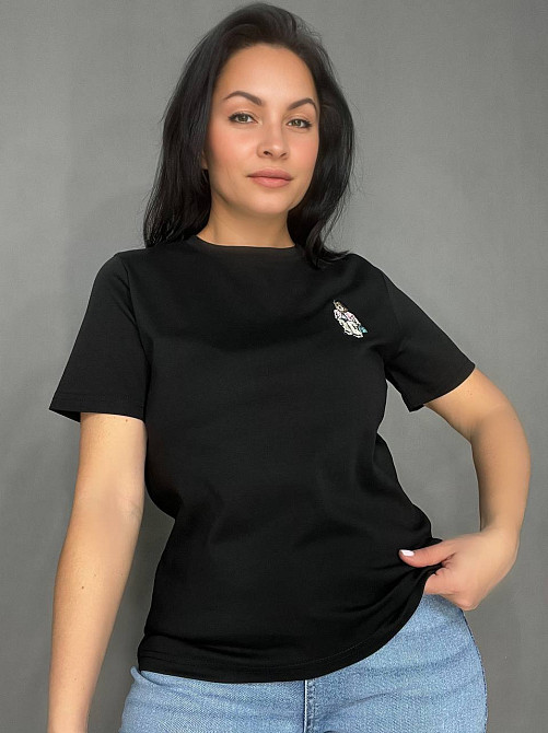 Футболка женская A-N 26001 базовая однотонная с небольшой вышивкой мишка впереди средняя длина one size, черный, one size Киев - изображение 14