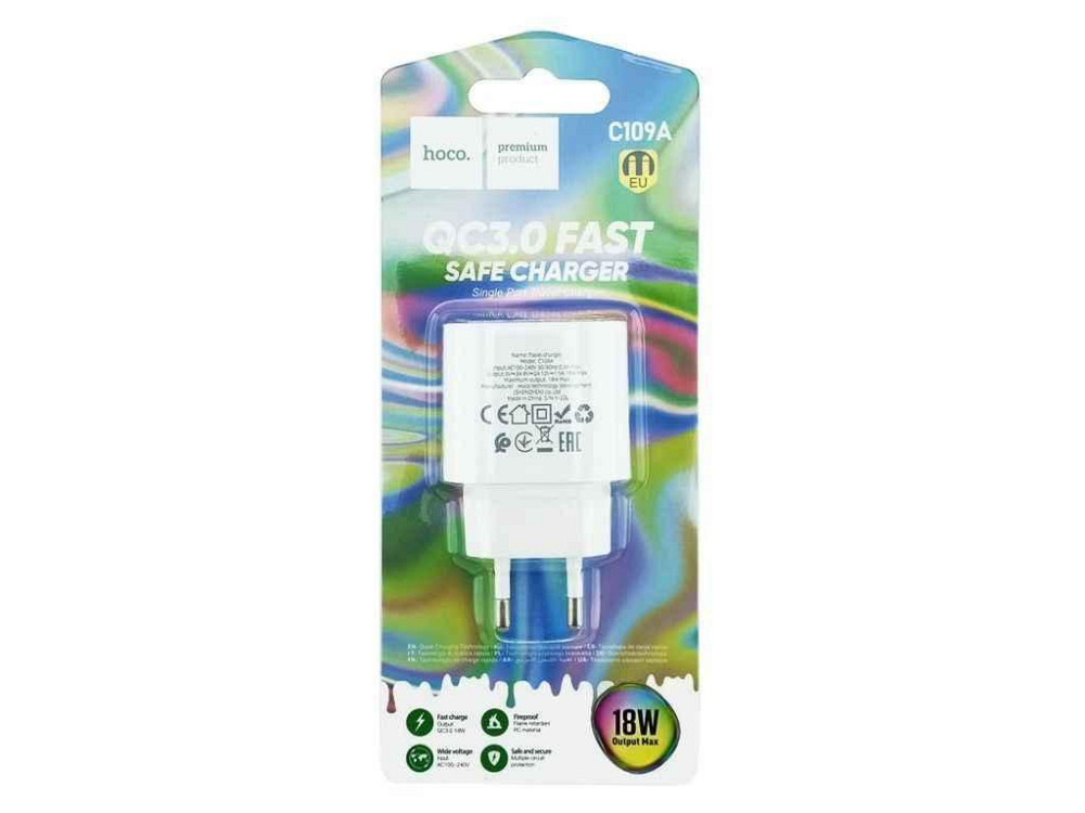 Мережевий зарядний пристрій USB C109A 3A/1USB/18W/QC3.0 білий ТМ HOCO Київ - фото 1