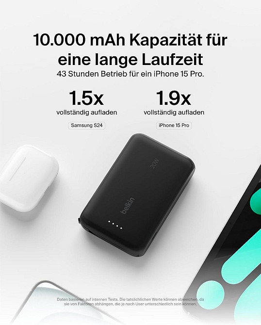 Пауэрбанк Belkin BoostCharge 10000 mAh черный PD 20W с встроенным USB‑C кабелем 2 порта LED портативный Киев - изображение 7