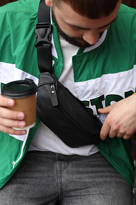 Чоловіча сумка на пояс (бананка) з натуральної шкіри SL008 (Чорна) Суми - фото 1