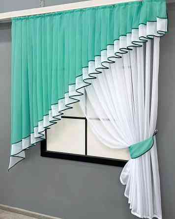 Кухонний комплект VR-Textil № 062к шторка з ламбрекеном бірюзовий з білим 150х170 см (52-1170) Київ