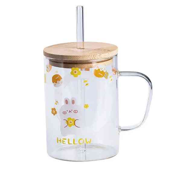 Стекляна чашка з дерев'яною кришкою і трубочкою Київ