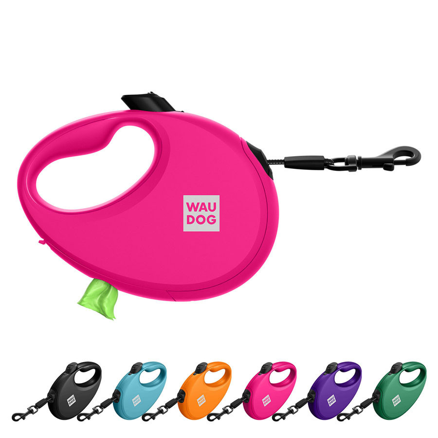 Поводок-рулетка для собак WAUDOG R-leash с контейнером для пакетов, светоотражающая лента, M, до 20 кг, 5 м, розовый Киев - изображение 1