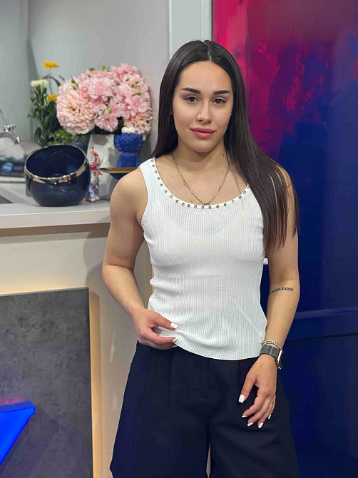 Майка жіноча A-N 3805 в рубчик з камінням на вирізі, білий, one size Київ - фото 10