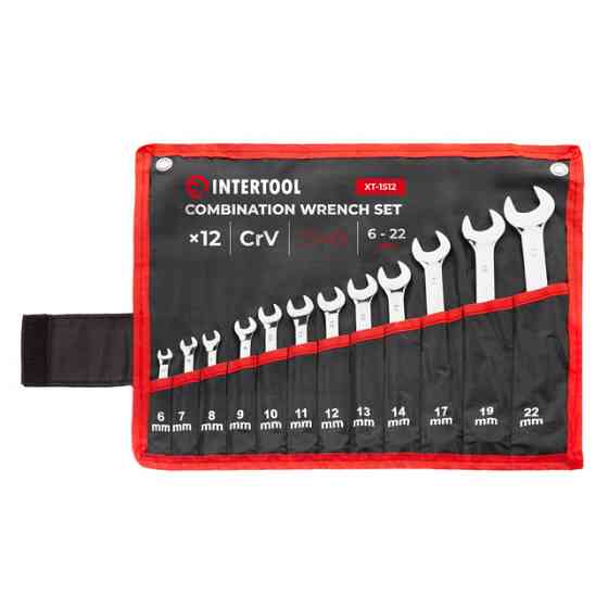 Набор ключей комбинированных, 12 шт, 6-22 мм, Cr-V, профессиональные, polishing, DIN3113, чехол INTERTOOL XT-1512 Киев