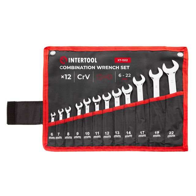 Набір ключів комбінованих, 12 шт., 6-22 мм, Cr-V, професійні, polishing, DIN3113, чохол INTERTOOL XT-1512 Київ - фото 1